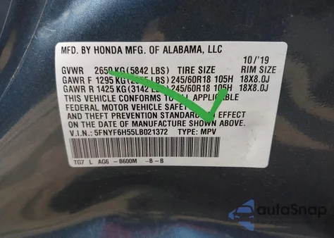 2020 Honda Pilot Awd Ex-L из США, поврежденный, VIN 5FNYF6H55LB021372